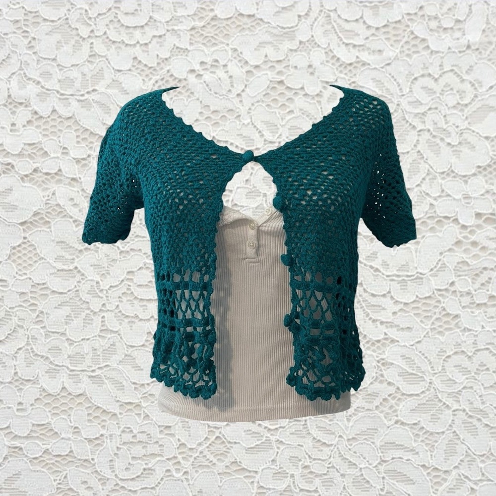 vintage turquoise crochet button front short sleeve cardigan top
